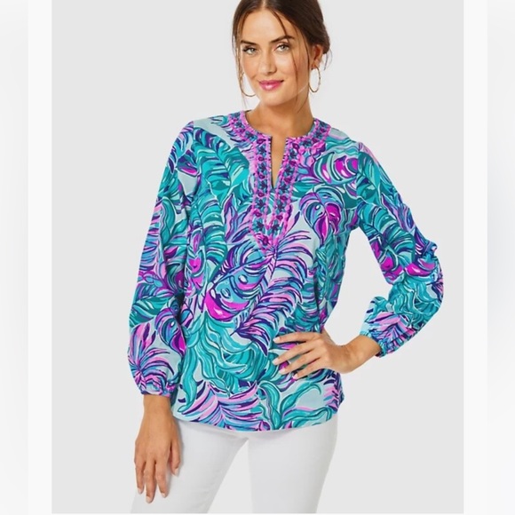 Lilly Pulitzer Tops - Lilly Pulitzer Women’s Coretta Tunic Blue Pink Blouse Long Sleeve Medium New